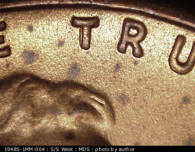 Die-stage B marker on 1948S•1MM•004 (1948 Repunched Mint Mark).