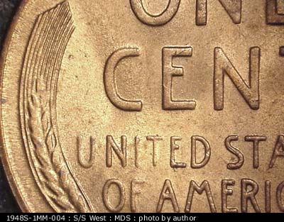 Die-stage B marker on 1948S•1MM•004 (1948 Repunched Mint Mark).