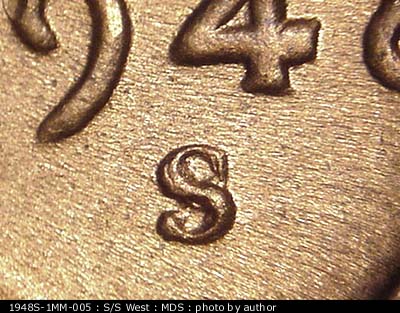 1948 Lincoln cent obverse, CopperCoins die 1948S•1MM•005.