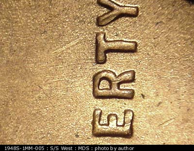 Die-stage B marker on 1948S•1MM•005 (1948 Repunched Mint Mark).