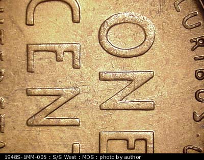 Die-stage B marker on 1948S•1MM•005 (1948 Repunched Mint Mark).