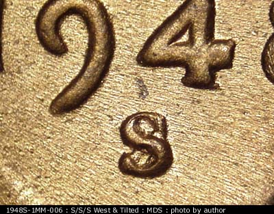 1948 Lincoln cent obverse, CopperCoins die 1948S•1MM•006.