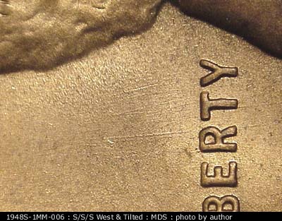 Die-stage B marker on 1948S•1MM•006 (1948 Repunched Mint Mark).