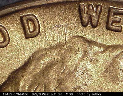Die-stage B marker on 1948S•1MM•006 (1948 Repunched Mint Mark).