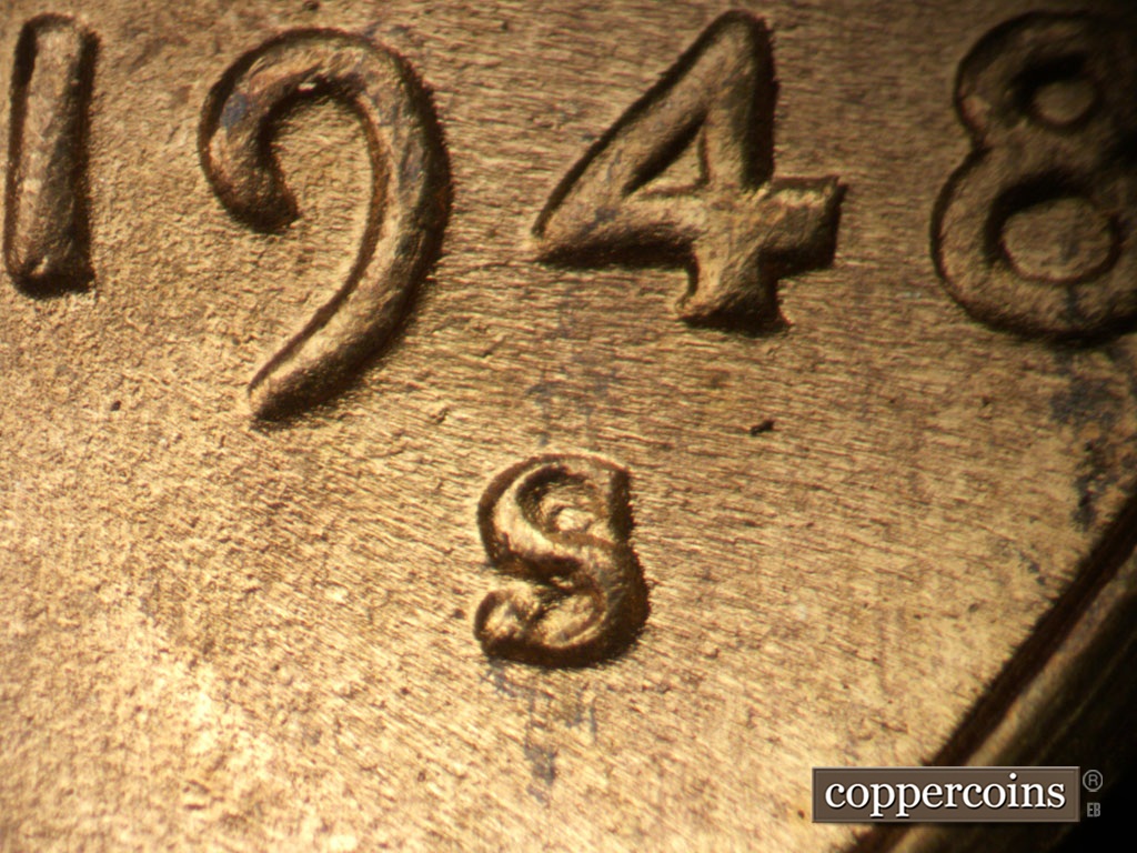 Die-stage B marker on 1948S•1MM•007 showing Closeup of repunched mint mark.