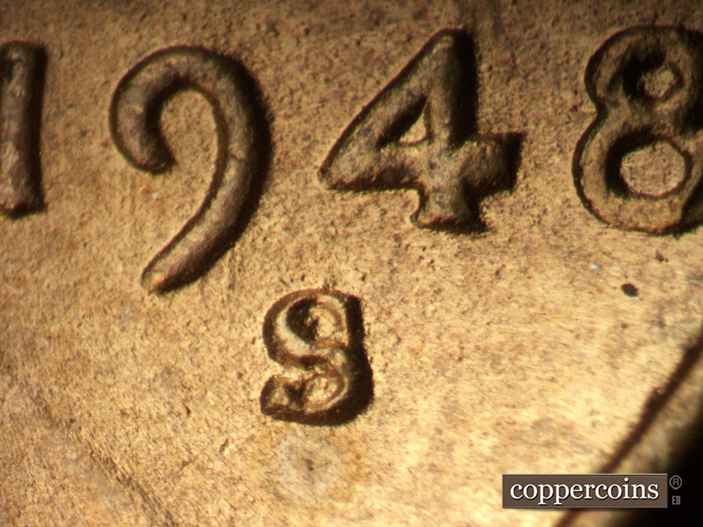 Die-stage B marker on 1948S•1MM•011 showing Closeup of repunched mint mark.