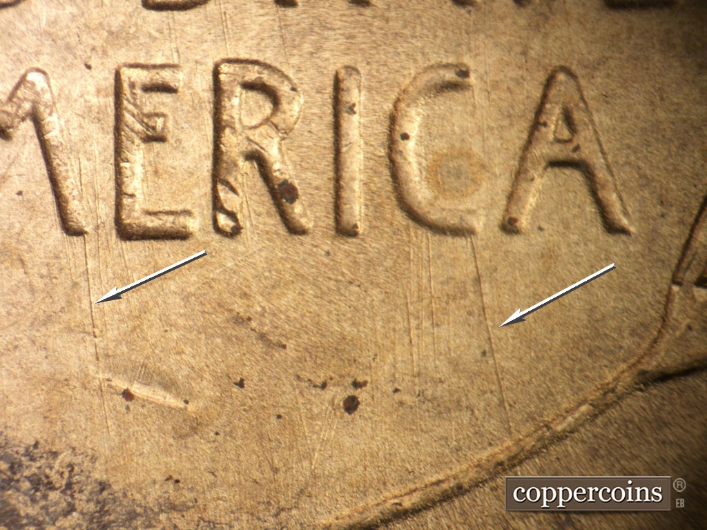 Die-stage B marker on 1948S•1MM•011 showing SSE die scratch connect the C in AMERICA to the right wheat stem.