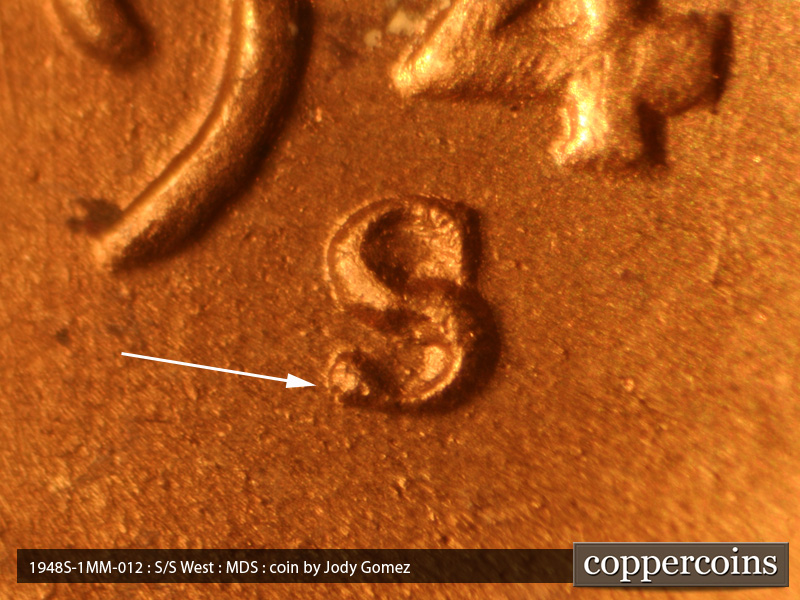 1948 Lincoln cent obverse, CopperCoins die 1948S•1MM•012.