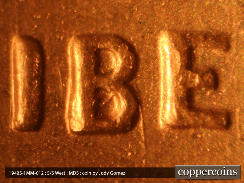 Die-stage B marker on 1948S•1MM•012 (1948 Repunched Mint Mark).