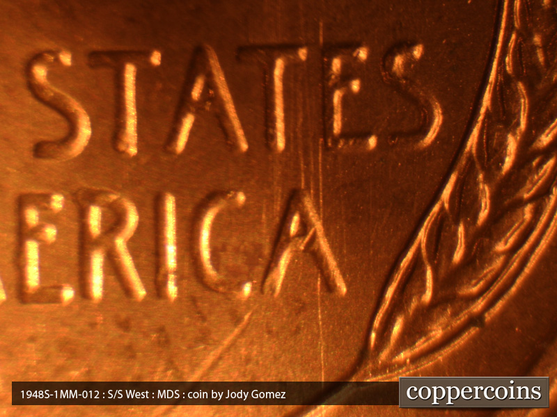 Die-stage B marker on 1948S•1MM•012 (1948 Repunched Mint Mark).