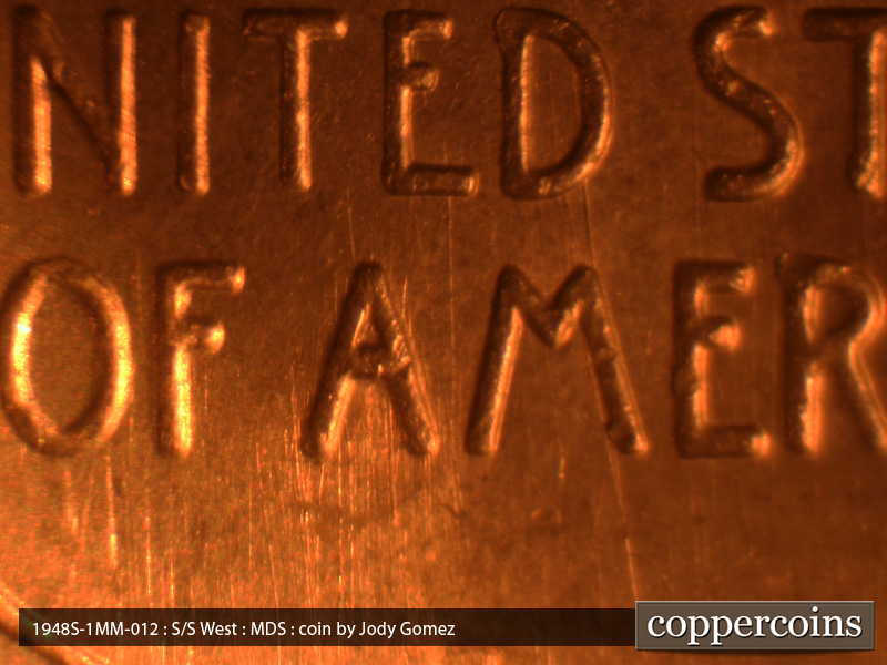 Die-stage B marker on 1948S•1MM•012 (1948 Repunched Mint Mark).