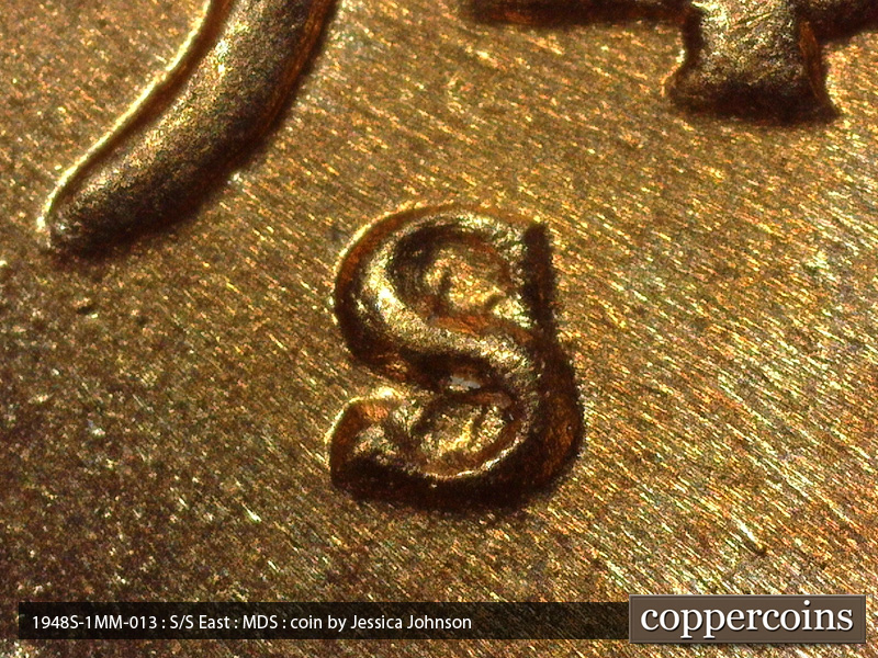 1948 Lincoln cent obverse, CopperCoins die 1948S•1MM•013.