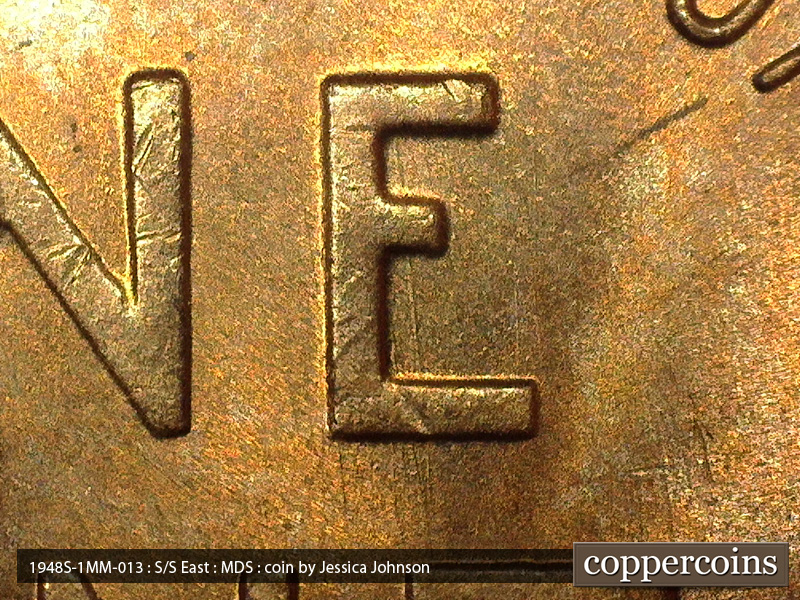 Die-stage B marker on 1948S•1MM•013 (1948 Repunched Mint Mark).