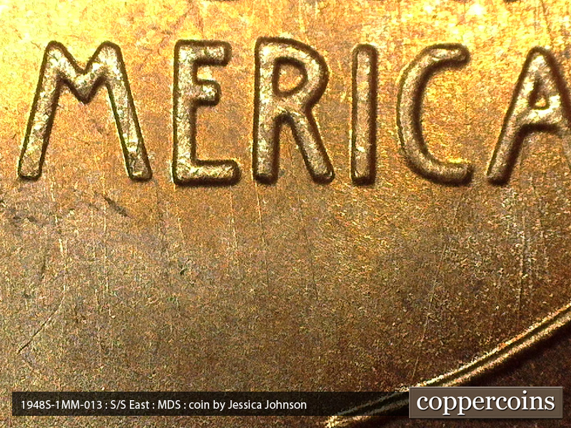 Die-stage B marker on 1948S•1MM•013 (1948 Repunched Mint Mark).