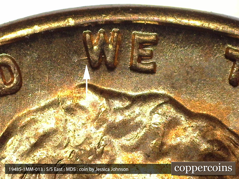 Die-stage B marker on 1948S•1MM•013 (1948 Repunched Mint Mark).