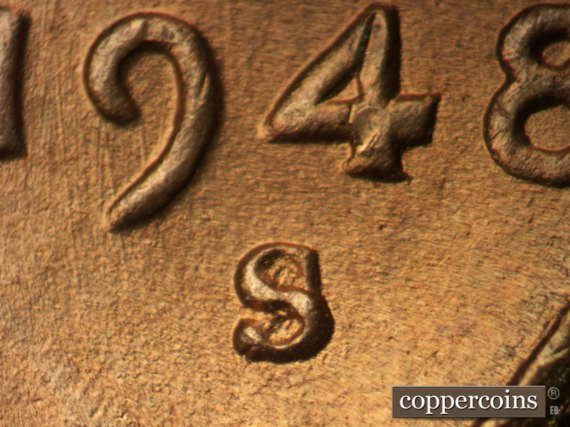 1948 Lincoln cent obverse, CopperCoins die 1948S•1MM•015.