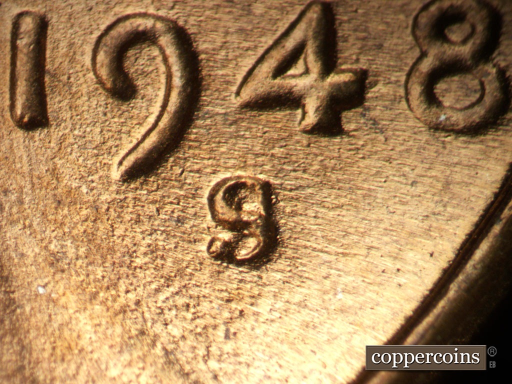 Die-stage B marker on 1948S•1MM•018 showing Closeup of repunched mint mark.