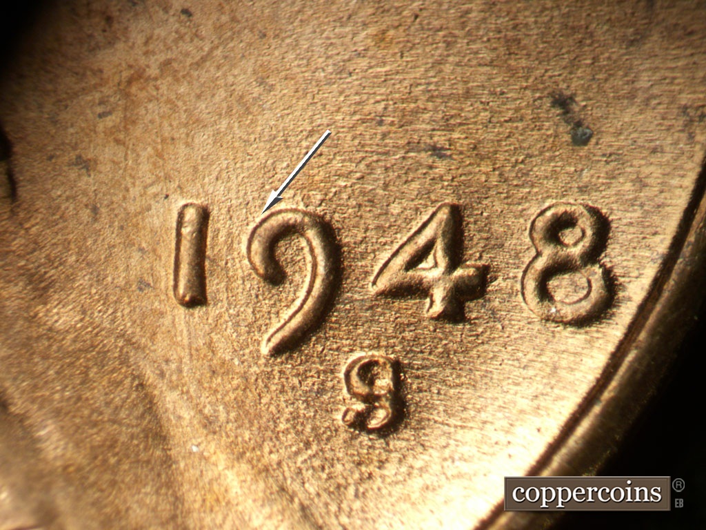 Die-stage B marker on 1948S•1MM•018 showing Worn NNW die scratches from top of the 9 in date.