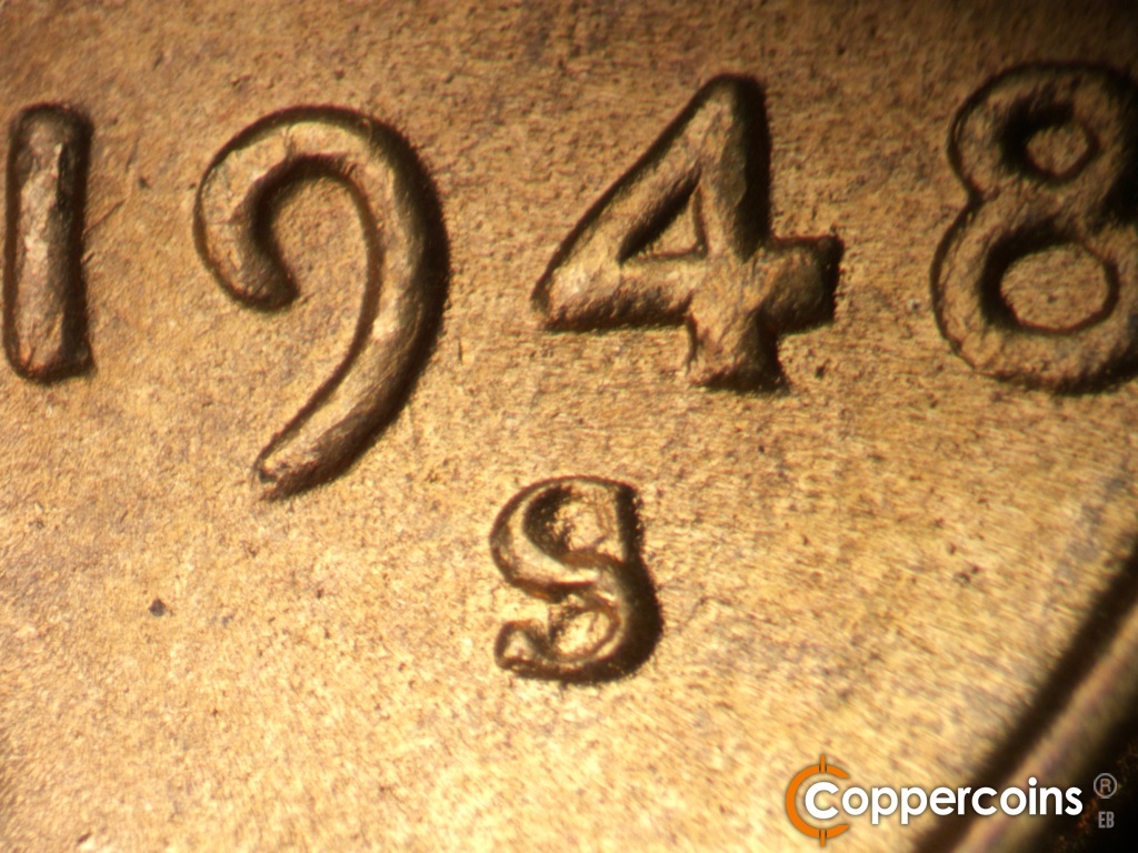 Die-stage B marker on 1948S•1MM•019 showing Closeup of repunched mint mark.