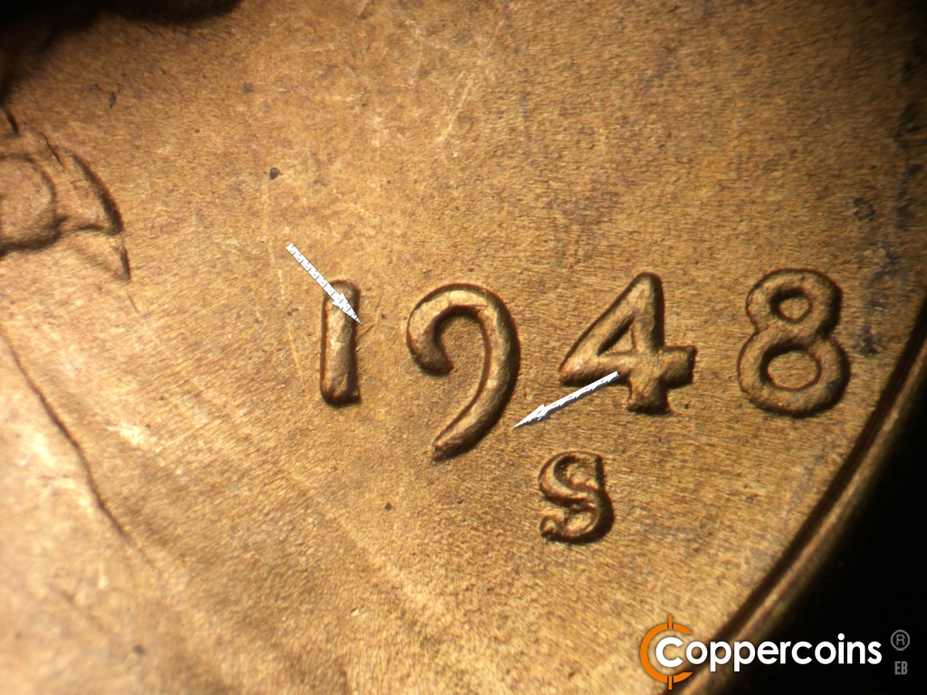 Die-stage B marker on 1948S•1MM•019 showing Short SSE die scratch from 9 in date. Short NE die scratch from 1 in date.