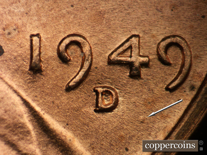 Die-stage B marker on 1949D•1DO•001 (1949 Doubled Die Obverse).