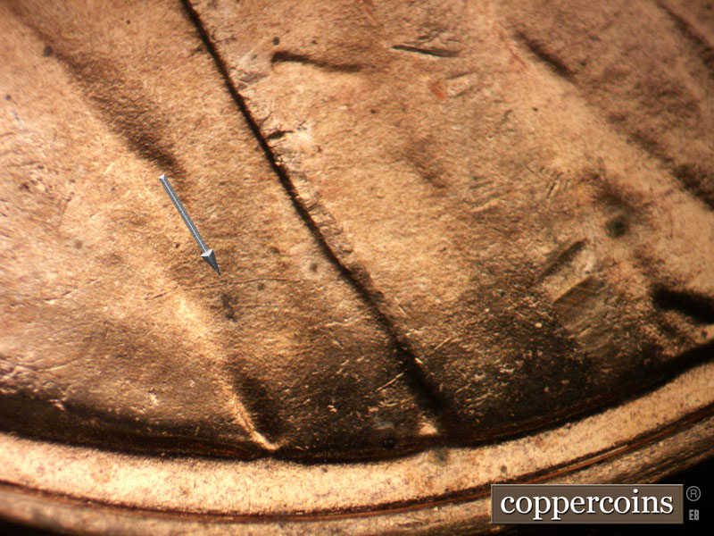 Die-stage B marker on 1949D•1DO•001 (1949 Doubled Die Obverse).