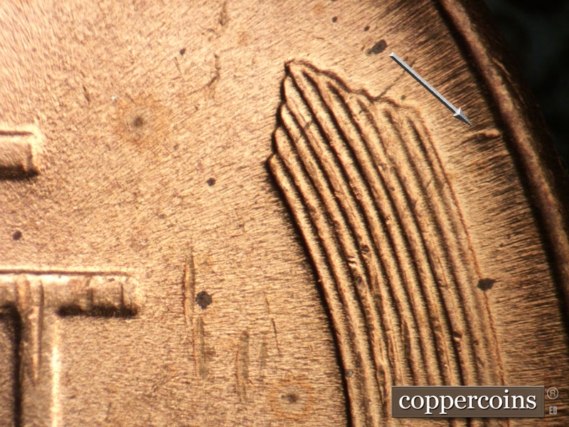 Die-stage B marker on 1949D•1DO•001 (1949 Doubled Die Obverse).