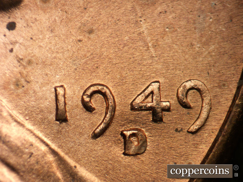 Die-stage B marker on 1949D•1DO•002 (1949 Doubled Die Obverse).