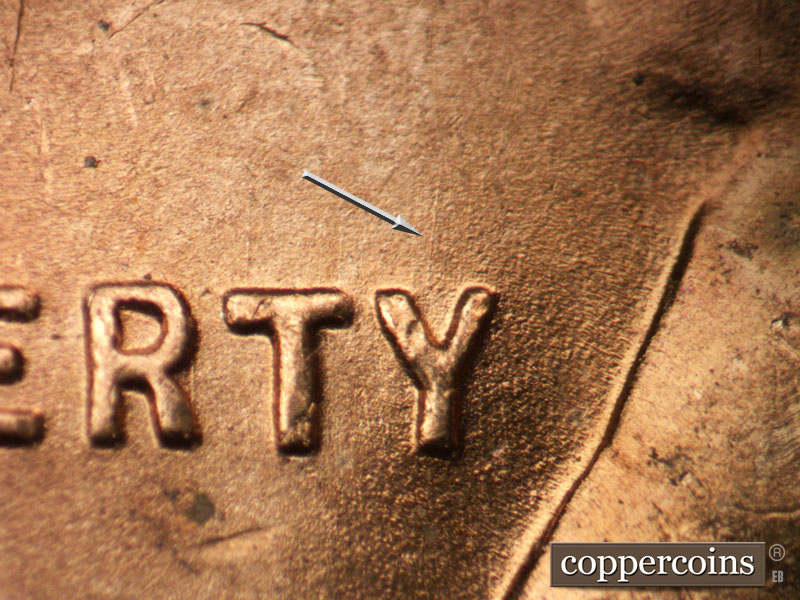 Die-stage B marker on 1949D•1DO•002 (1949 Doubled Die Obverse).