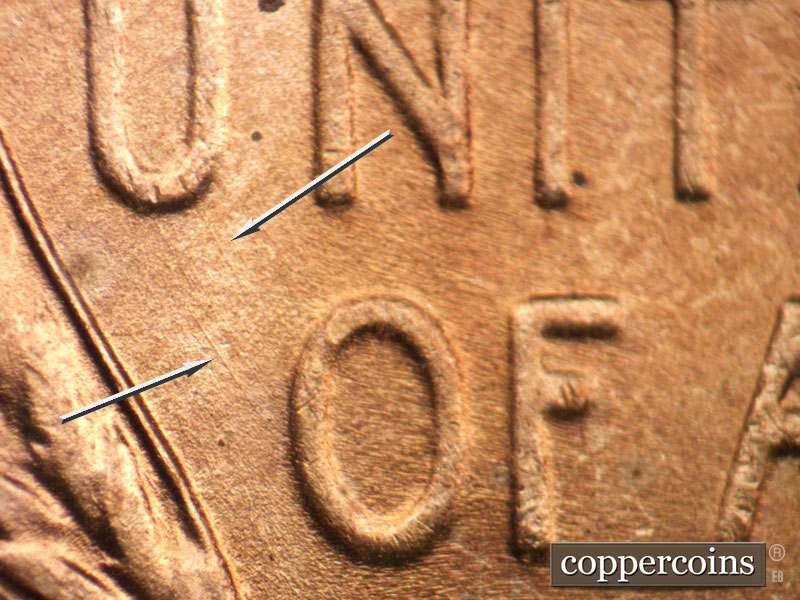 Die-stage B marker on 1949D•1DO•002 (1949 Doubled Die Obverse).
