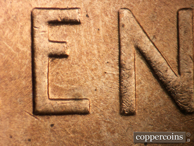 Die-stage B marker on 1949D•1DO•002 (1949 Doubled Die Obverse).