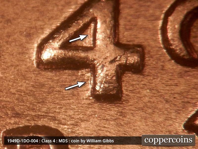 1949 Lincoln cent obverse, CopperCoins die 1949D•1DO•004.