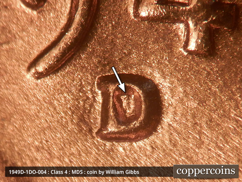 Die-stage B marker on 1949D•1DO•004 (1949 Doubled Die Obverse).