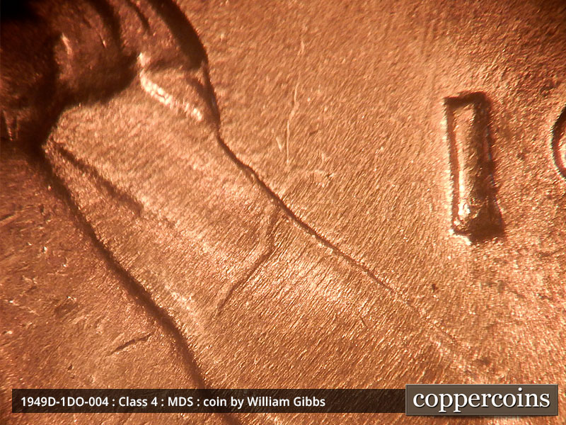 Die-stage B marker on 1949D•1DO•004 (1949 Doubled Die Obverse).