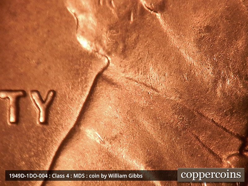 Die-stage B marker on 1949D•1DO•004 (1949 Doubled Die Obverse).
