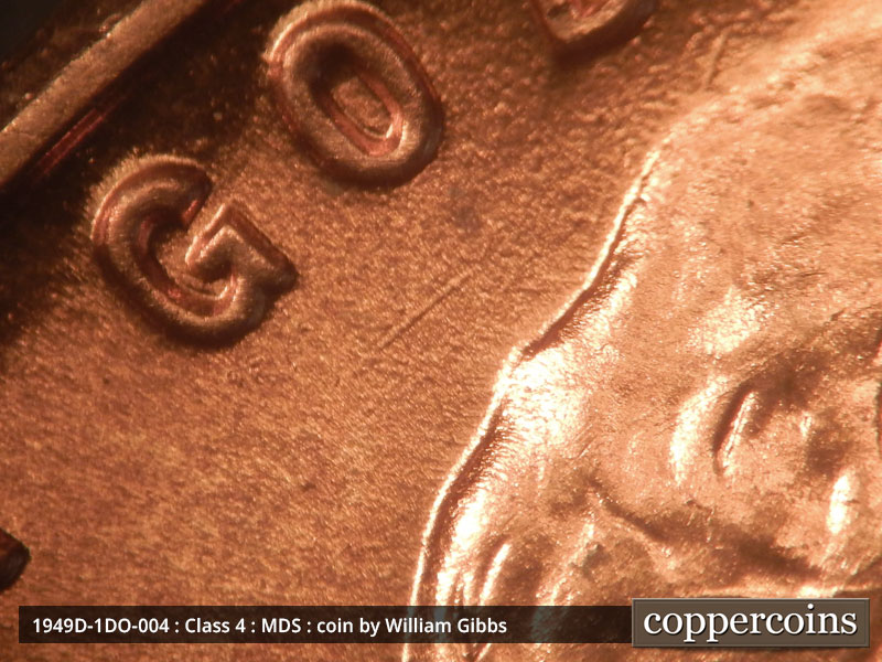 Die-stage B marker on 1949D•1DO•004 (1949 Doubled Die Obverse).