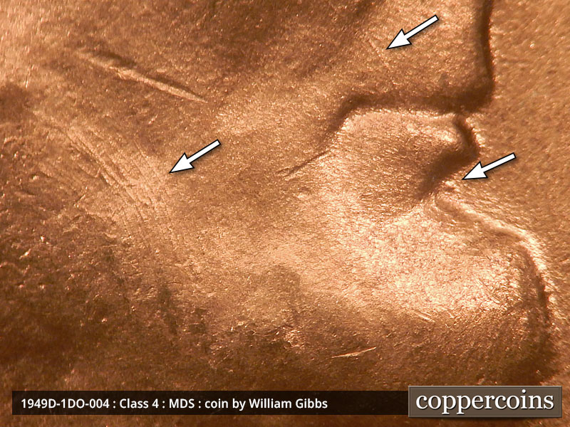 Die-stage B marker on 1949D•1DO•004 (1949 Doubled Die Obverse).
