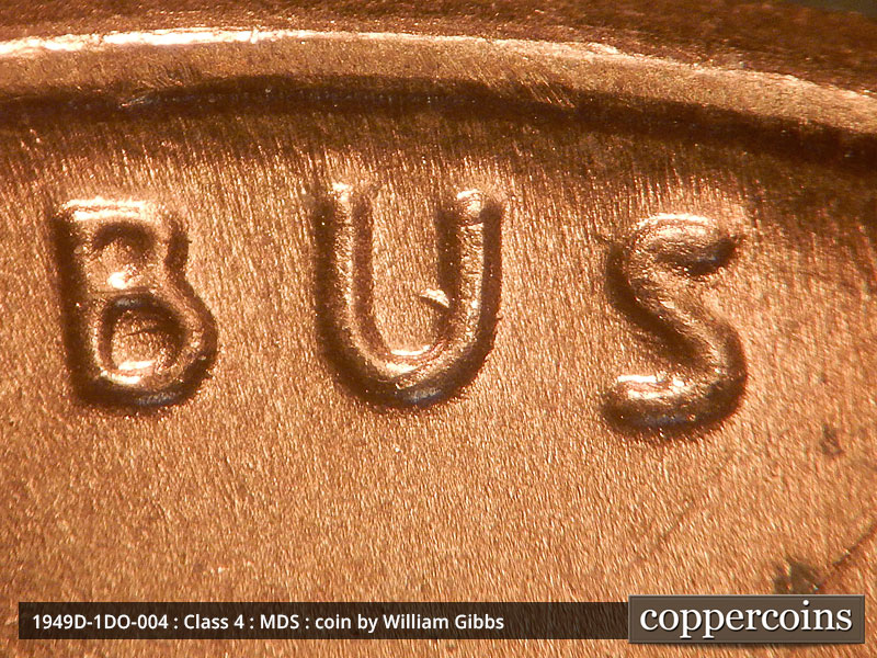 Die-stage B marker on 1949D•1DO•004 (1949 Doubled Die Obverse).