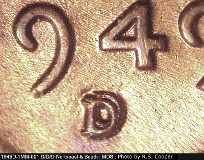 1949 Lincoln cent obverse, CopperCoins die 1949D•1MM•001.