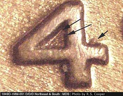 Die-stage B marker on 1949D•1MM•001 (1949 Repunched Mint Mark).