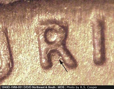 Die-stage B marker on 1949D•1MM•001 (1949 Repunched Mint Mark).