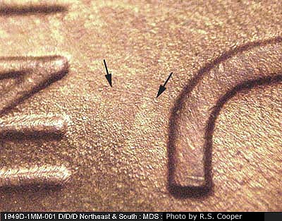 Die-stage B marker on 1949D•1MM•001 (1949 Repunched Mint Mark).
