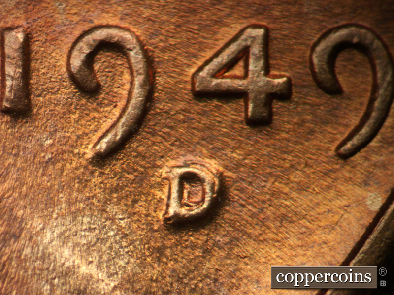 Die-stage C marker on 1949D•1MM•001 (1949 Repunched Mint Mark).