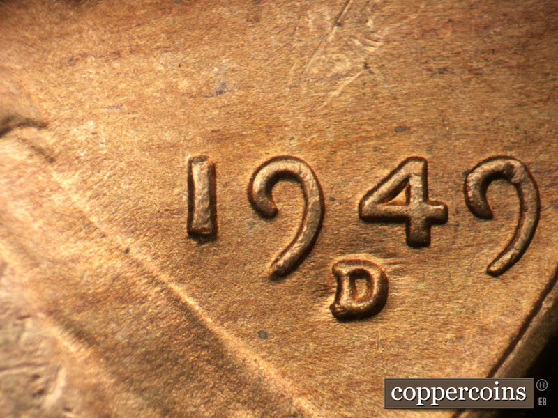 Die-stage B marker on 1949D•1MM•002 (1949 Repunched Mint Mark).