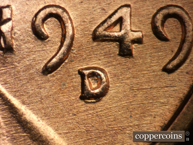 Die-stage A marker on 1949D•1MM•003 (1949 Repunched Mint Mark).