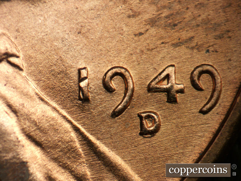 Die-stage A marker on 1949D•1MM•003 (1949 Repunched Mint Mark).