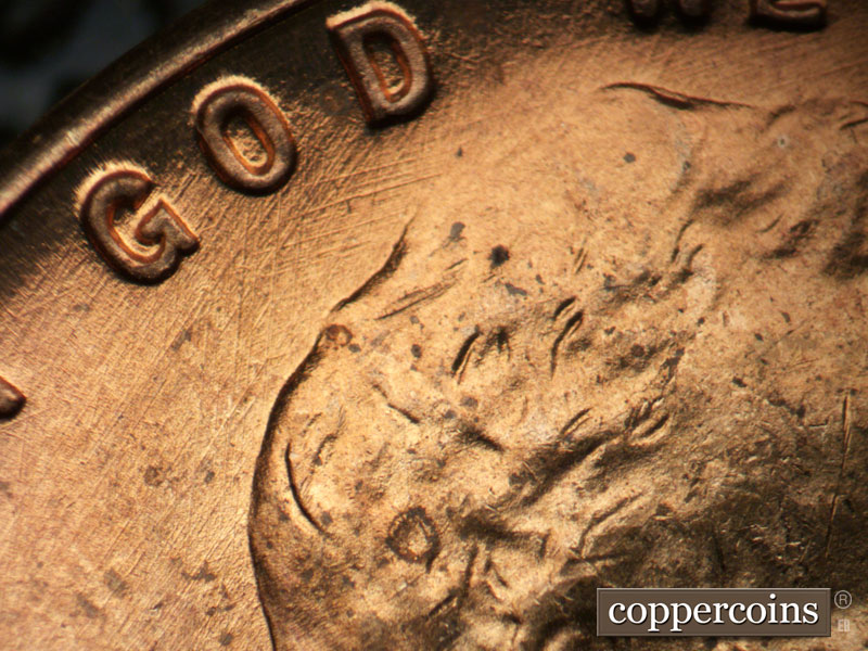 Die-stage A marker on 1949D•1MM•003 (1949 Repunched Mint Mark).