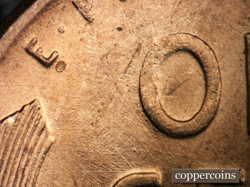 Die-stage A marker on 1949D•1MM•003 (1949 Repunched Mint Mark).