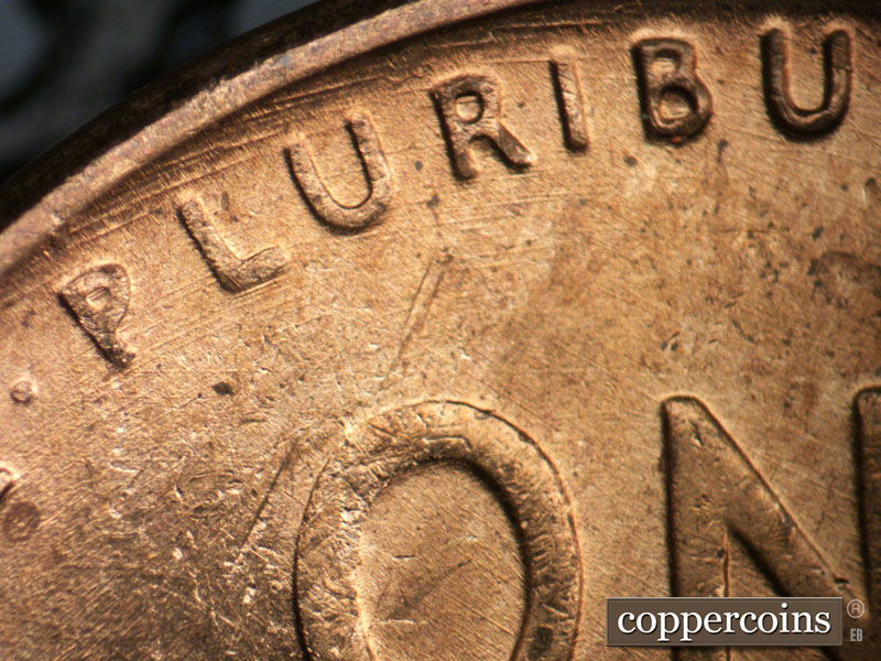 Die-stage A marker on 1949D•1MM•003 (1949 Repunched Mint Mark).