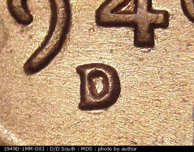 1949 Lincoln cent obverse, CopperCoins die 1949D•1MM•003.